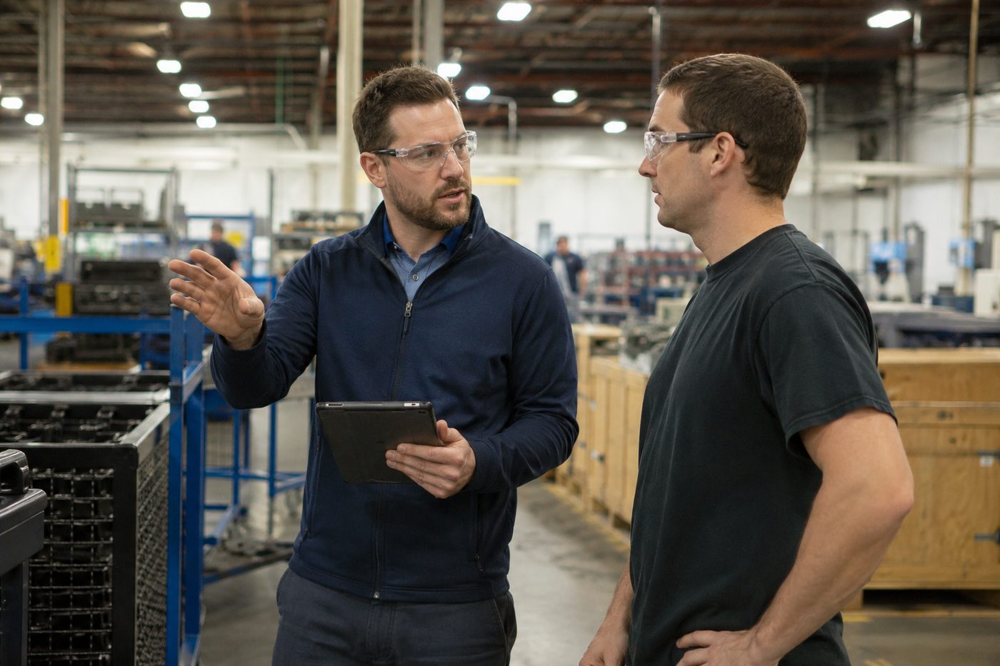 A quality representative reviewing work with an operator on a plant floor.